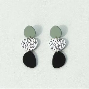 Leaf Pattern Sage Black Abstract Shaped 3 Tiered Dangle Elegant Acrylic Earrings
